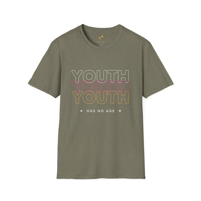 Youth Day Unisex Softstyle T-Shirt in olive green with "YOUTH HAS NO AGE" graphic, classic fit crew neck made of 100% ring-spun cotton