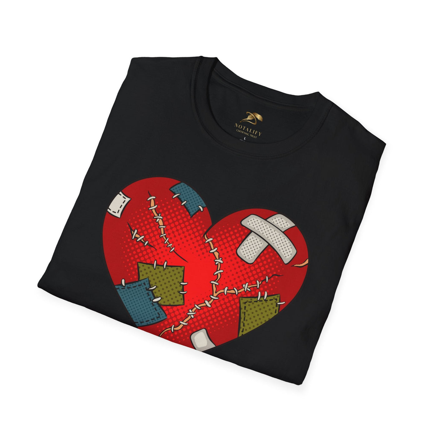 Unisex black t-shirt with patchwork heart design, perfect for Valentine's Day couples.