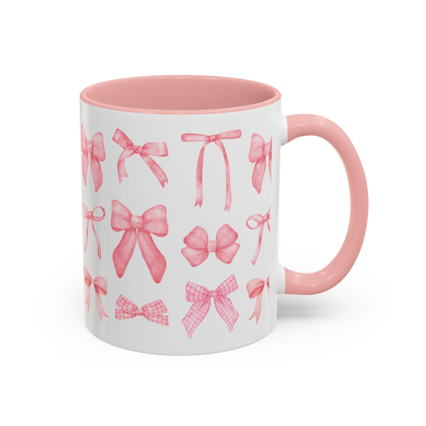 Personalized Mother's Day mug with pink coquette bow design, available in 11oz and 15oz sizes.