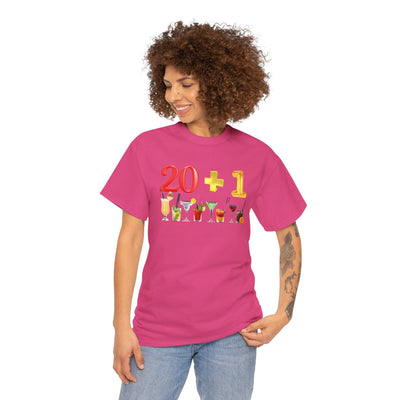 21st Birthday T-Shirt with "20 + 1" Design and Cocktails Graphic, Perfect Gift for 21st Celebrations.