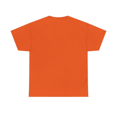 Orange unisex T-shirt, back view, featuring retro style.