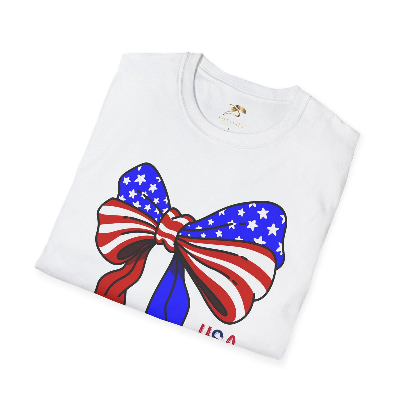 Coquette USA Patriotic T-Shirt with American flag bow design, perfect for Independence Day and July 4th celebrations.