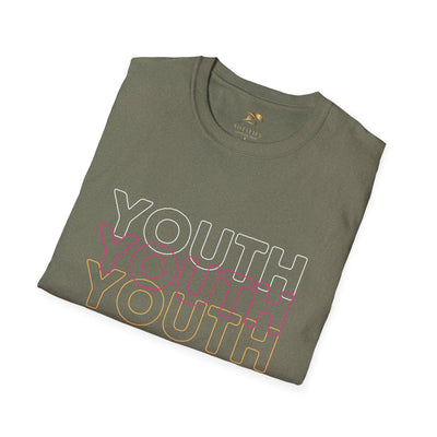 Folded olive green Youth Day unisex softstyle t-shirt with multicolor Youth text print and crew neckline