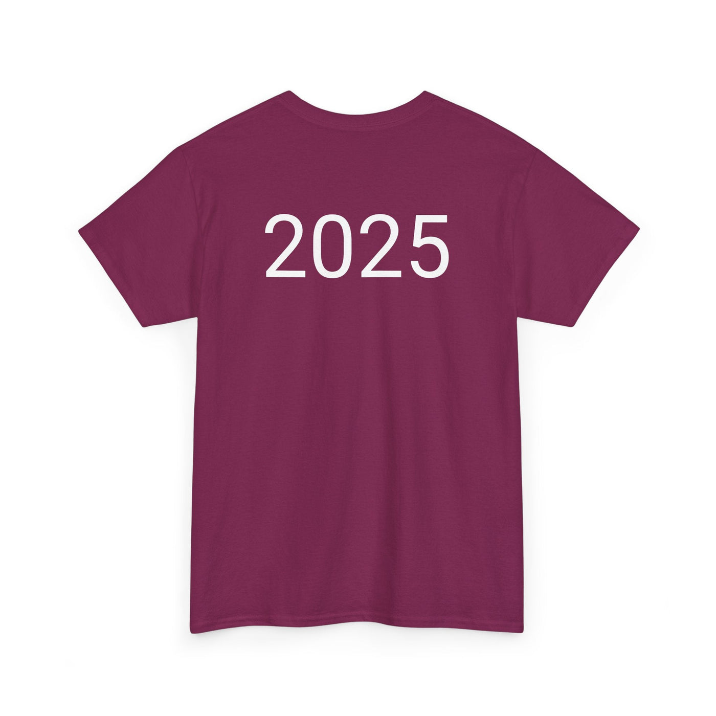 Astronaut Space Vibes Tee with a galaxy graphic and "2025" on maroon fabric.