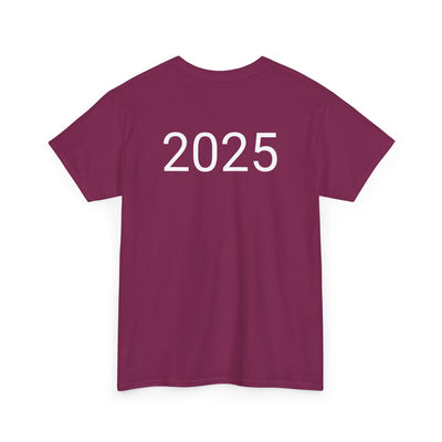 Astronaut Space Vibes Tee with a galaxy graphic and "2025" on maroon fabric.