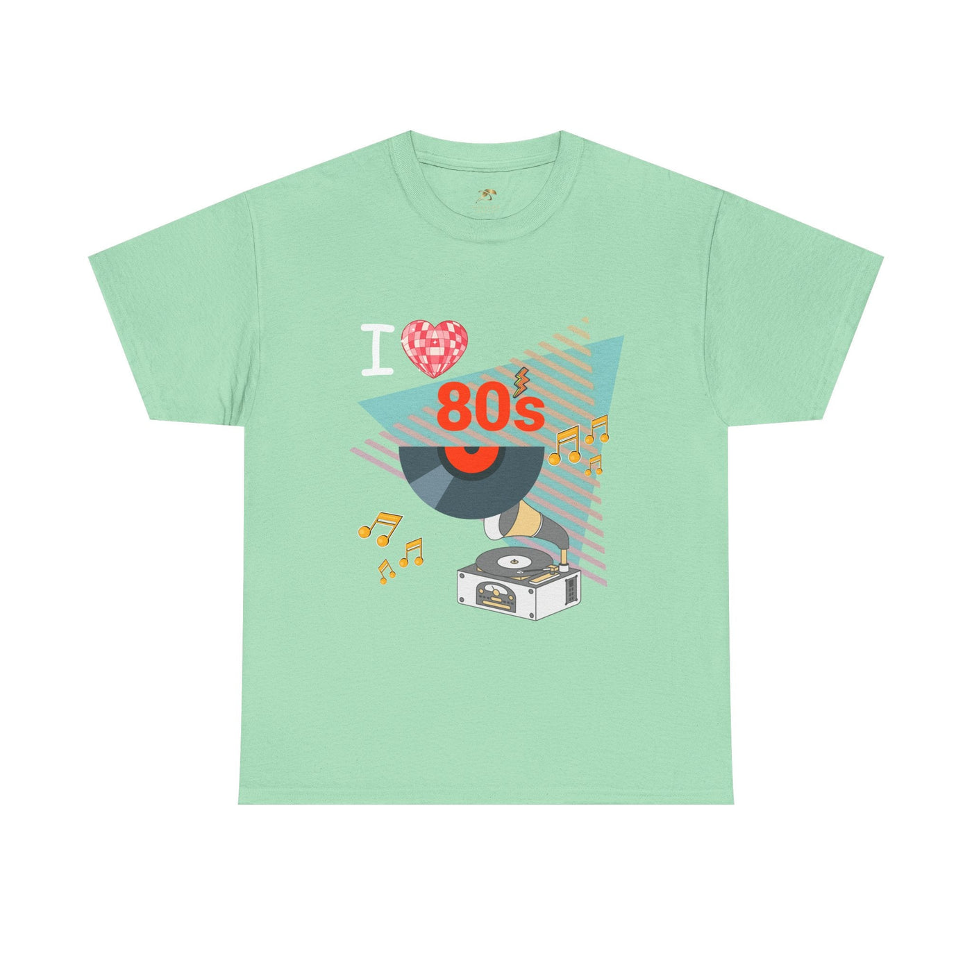 Mint green unisex 80's music lover t-shirt with retro vinyl record and turntable graphic