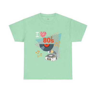 Mint green unisex 80's music lover t-shirt with retro vinyl record and turntable graphic