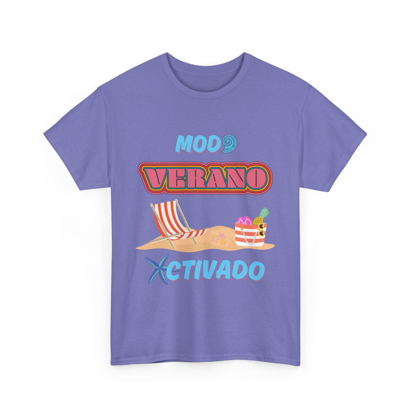 Unisex beach vibes tee with "Modo Verano Activado" in retro fonts, featuring striped chairs, tropical fruits, and starfish.
