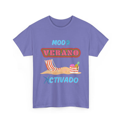 Unisex beach vibes tee with "Modo Verano Activado" in retro fonts, featuring striped chairs, tropical fruits, and starfish.