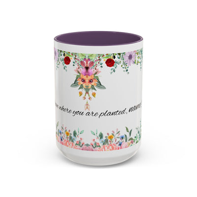 Inspirational ceramic cup with flower design and 'Bloom where you are planted' quote.