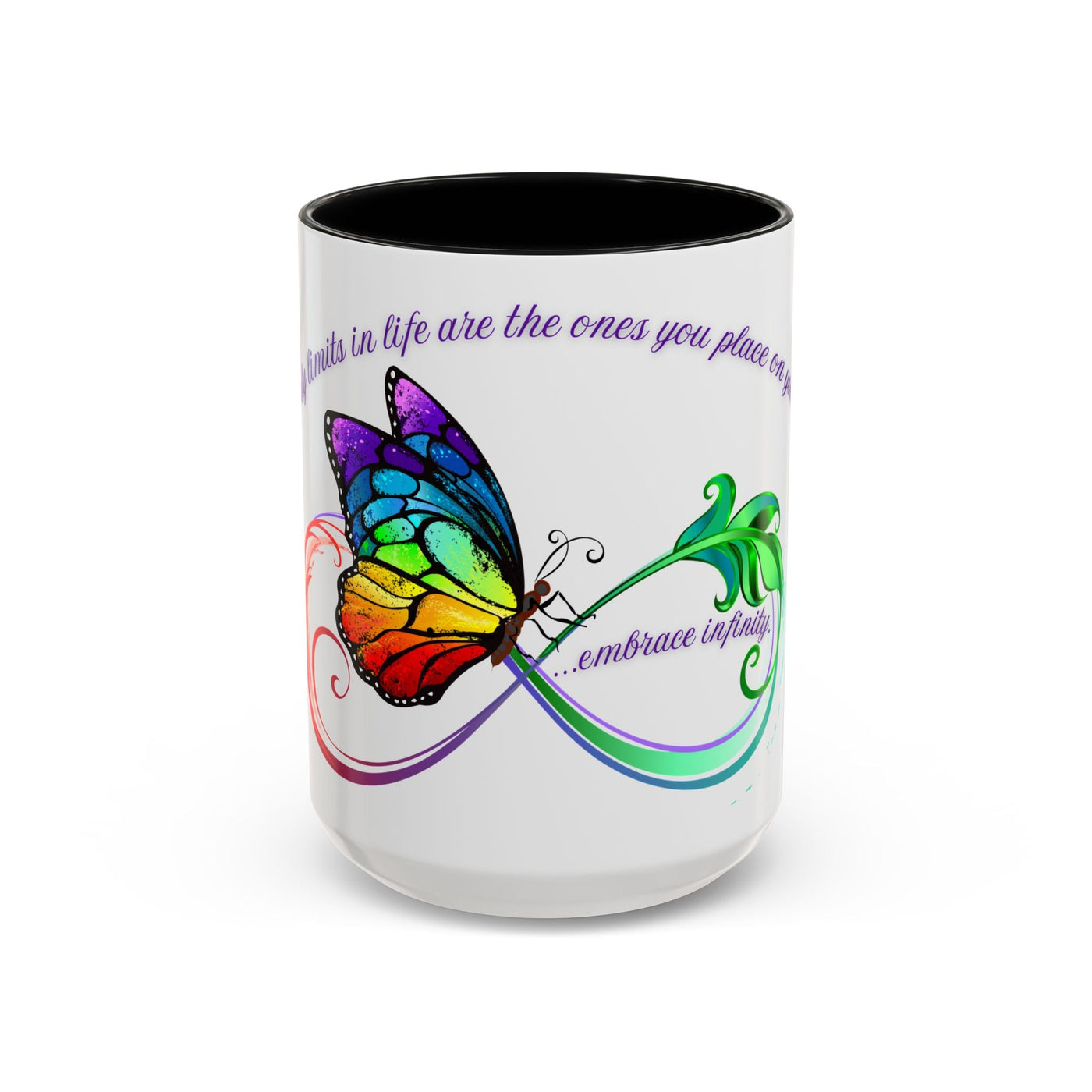 Inspirational butterfly coffee mug with colorful infinity design, perfect motivational gift.