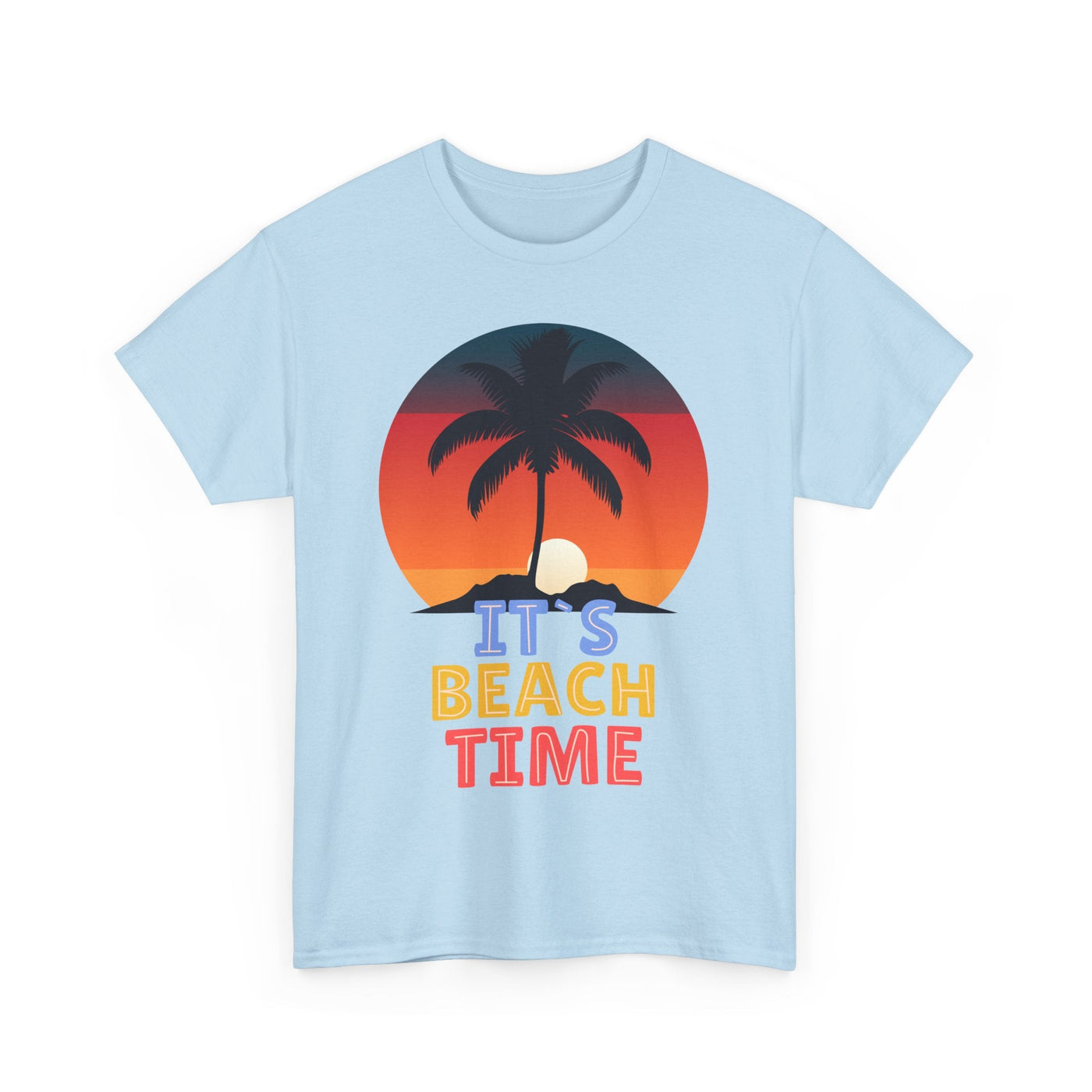 Beach Time Summer 2025 T-Shirt with tropical sunset graphic and palm tree design.