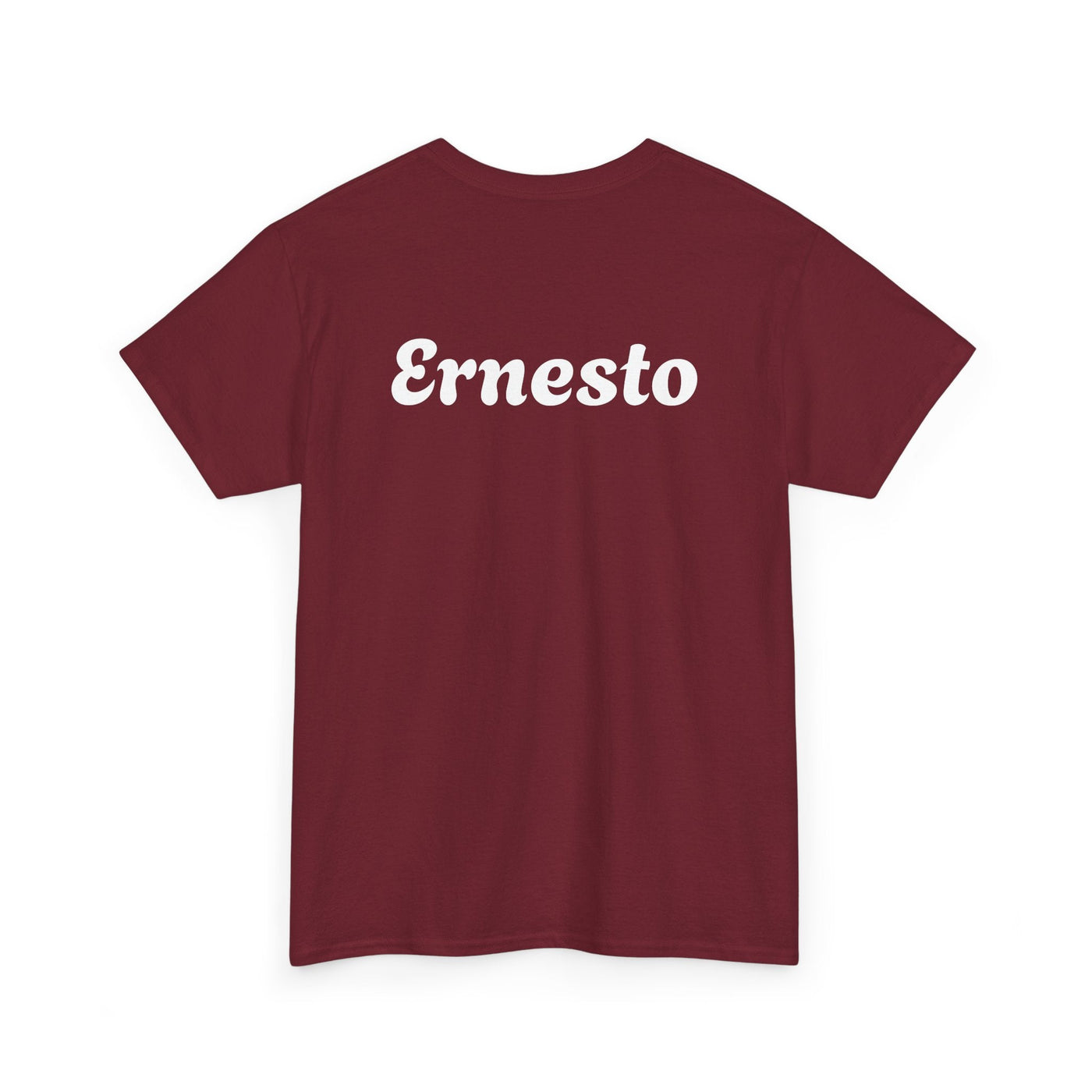 Funny Spanish dad beer shirt featuring bold text "Ernesto" on a maroon background, ideal Father's Day gift.