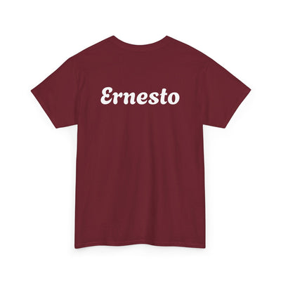 Funny Spanish dad beer shirt featuring bold text "Ernesto" on a maroon background, ideal Father's Day gift.