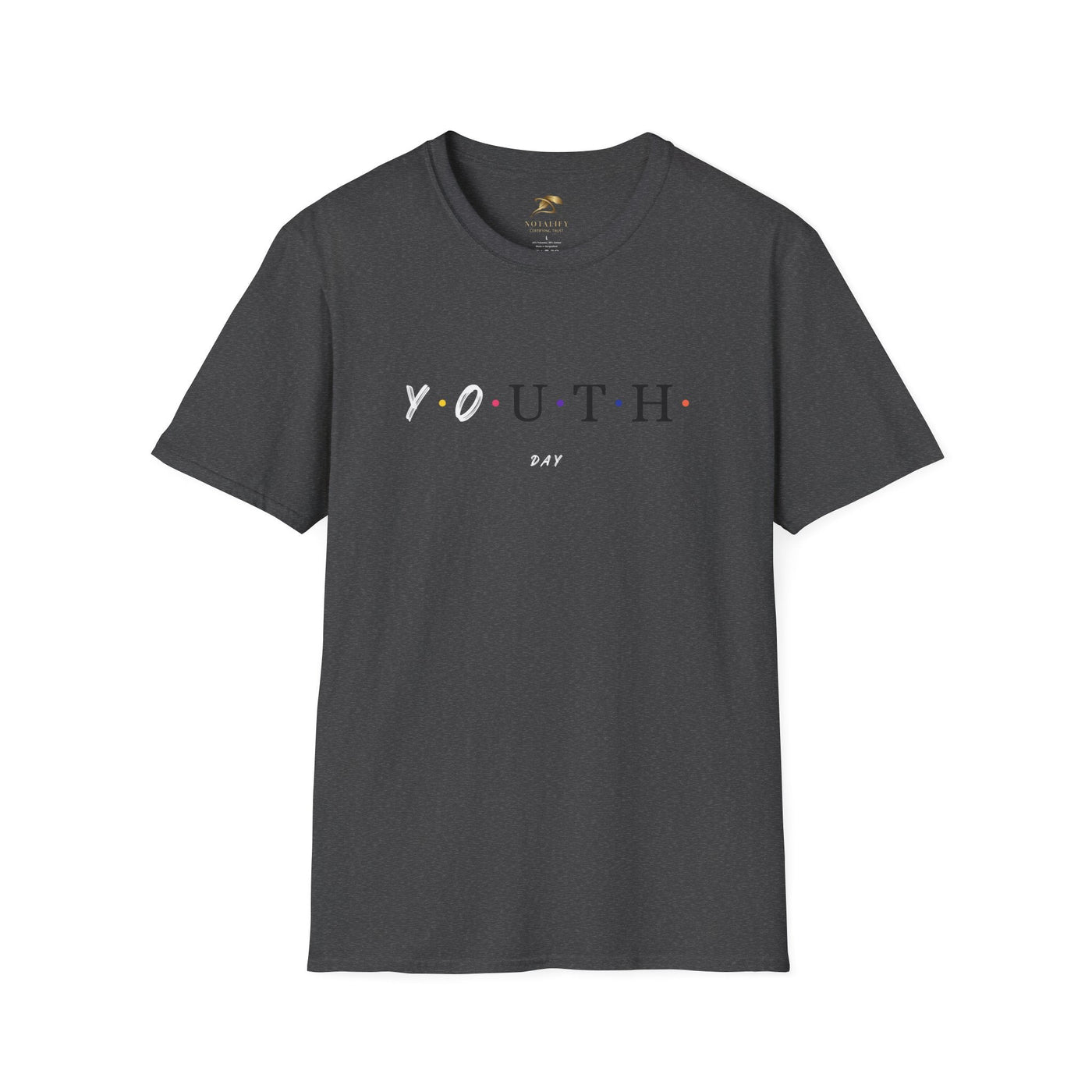 Dark gray unisex t-shirt with colorful dots spelling "YOUTH DAY" for Youth Day celebration