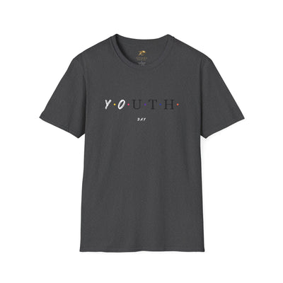 Dark gray unisex t-shirt with colorful dots spelling "YOUTH DAY" for Youth Day celebration