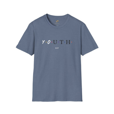 Unisex Youth Day Celebration t-shirt with colorful dot design on soft blue cotton fabric