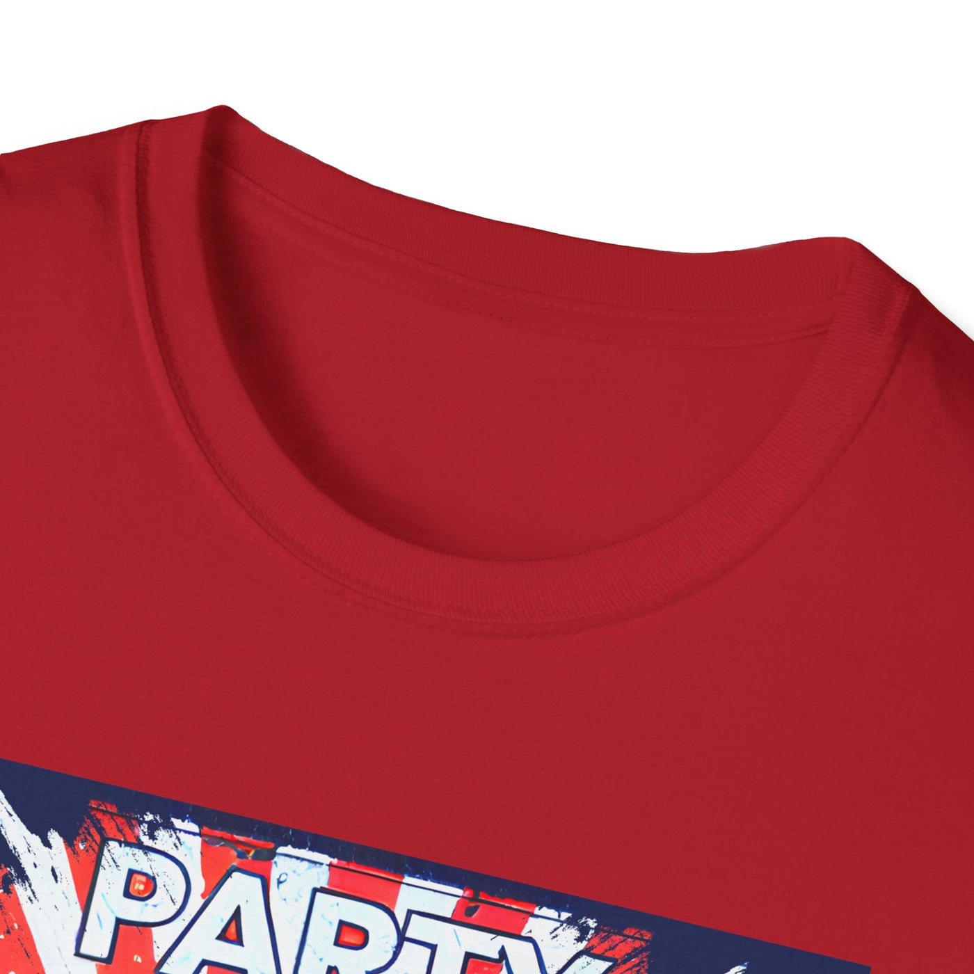 Unisex patriotic party T-shirt with red and blue design, ideal for Independence Day celebrations.