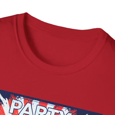 Unisex patriotic party T-shirt with red and blue design, ideal for Independence Day celebrations.