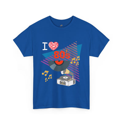 Blue 80's Music Lover T-Shirt with retro record player and musical notes graphic