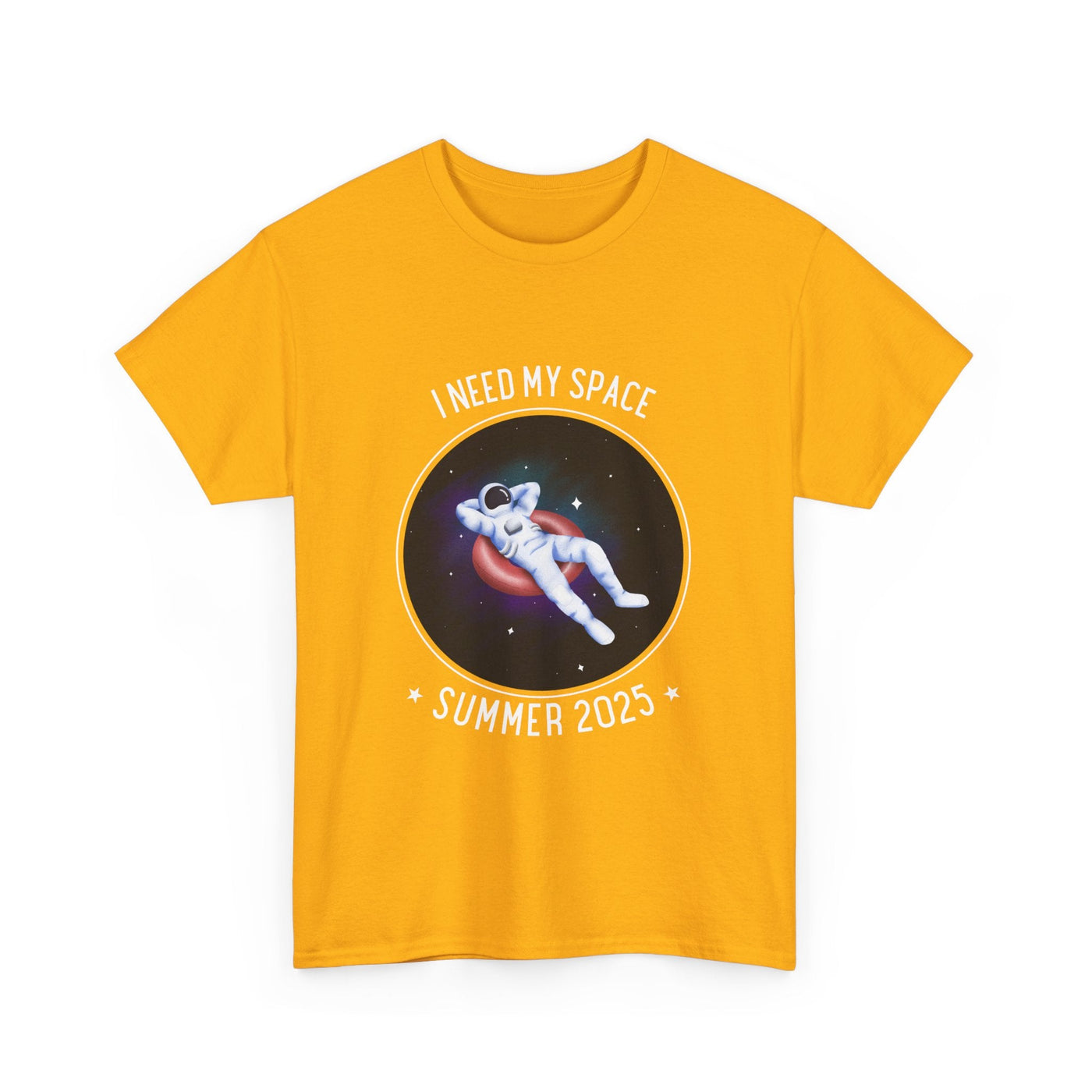 Astronaut Space Vibes Tee with relaxed astronaut graphic, yellow cotton shirt.