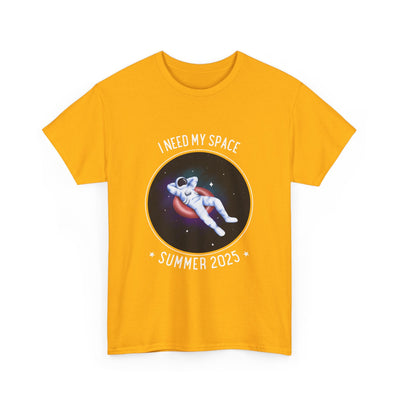 Astronaut Space Vibes Tee with relaxed astronaut graphic, yellow cotton shirt.