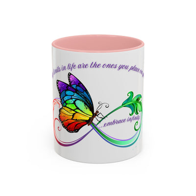 Inspirational Butterfly Coffee Mug with Embrace Infinity design, featuring vibrant colors and motivational text, perfect for gifts and self-care.
