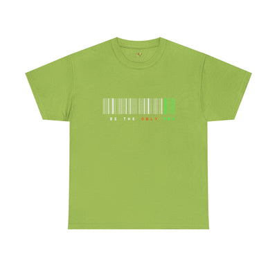 Unique "Be The Only One" barcode t-shirt in blue with a minimalist design