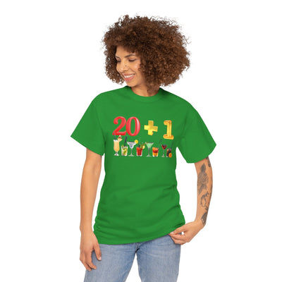 21st birthday t-shirt with "20 + 1" design and cocktail graphics, perfect for celebrating turning 21.
