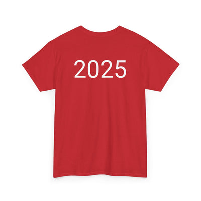 Red Astronaut Space Vibes Tee with "2025" on the back, featuring a classic fit and crew neckline.
