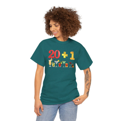 21st Birthday T-Shirt with "20 + 1" design and colorful cocktails, perfect for celebrating and gifting.