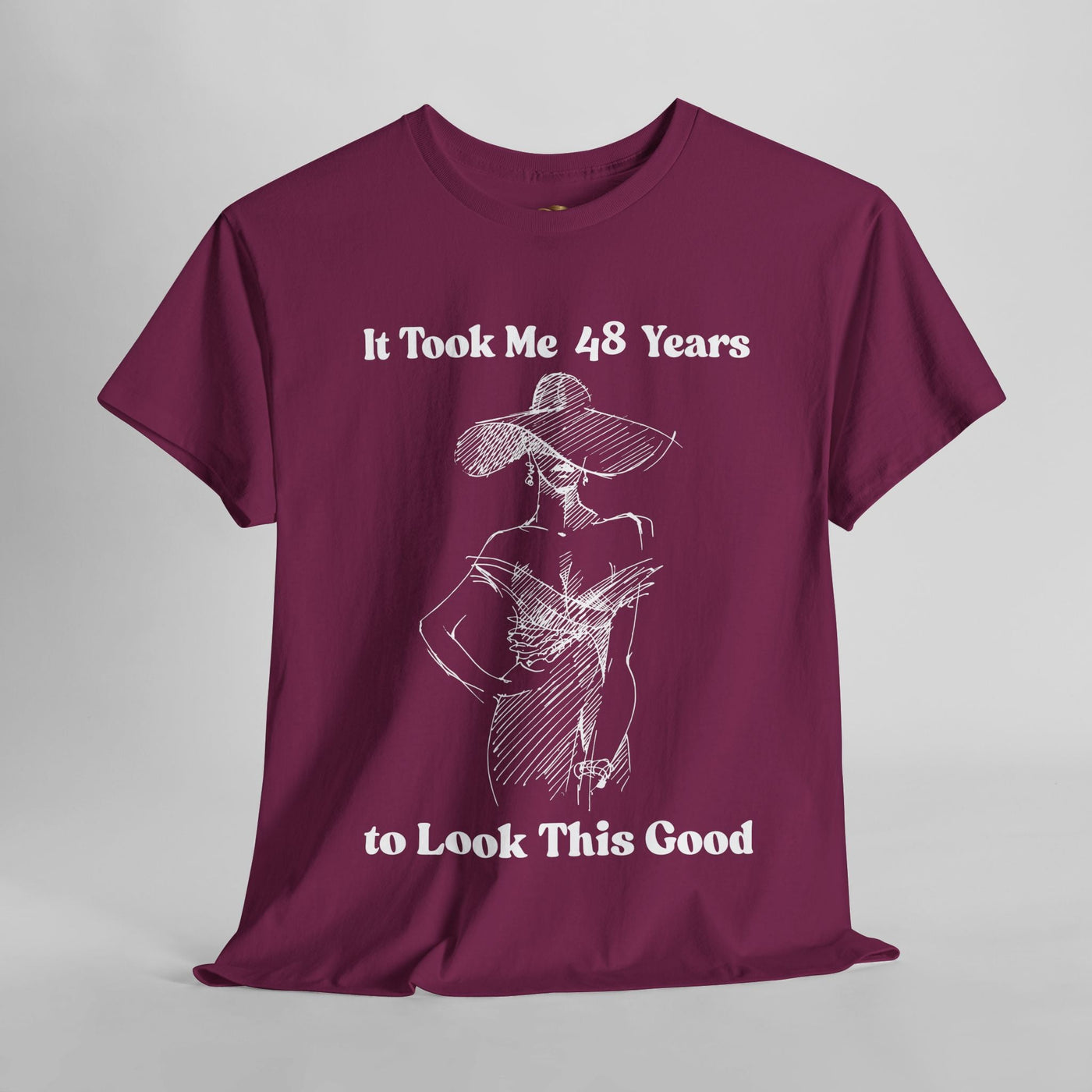 Elegant woman t-shirt with sketch and "It Took Me 48 Years to Look This Good" text in bold white print, showcasing chic and sarcastic style.