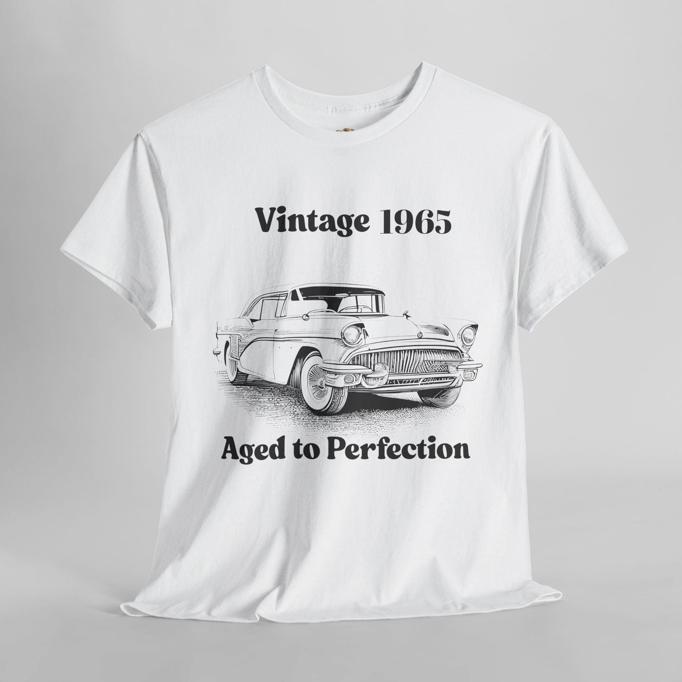 Vintage Aged to Perfection classic car t-shirt with humorous retro design.