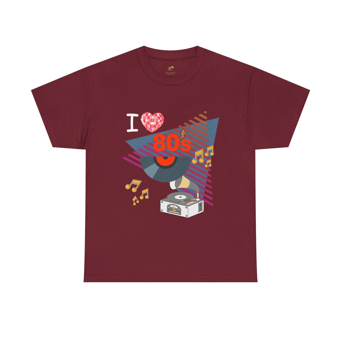 Unisex burgundy 80's music lover t-shirt with retro vinyl record and cassette player graphic