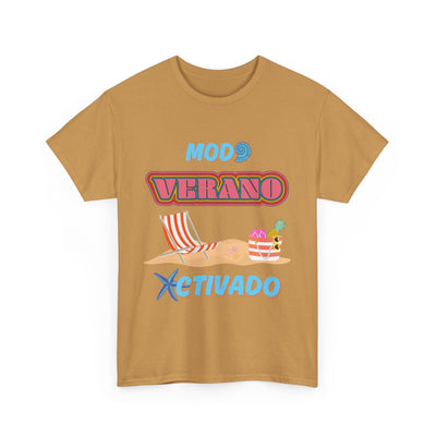 Modo Verano Activado T-Shirt with retro beach design and vibrant colors.