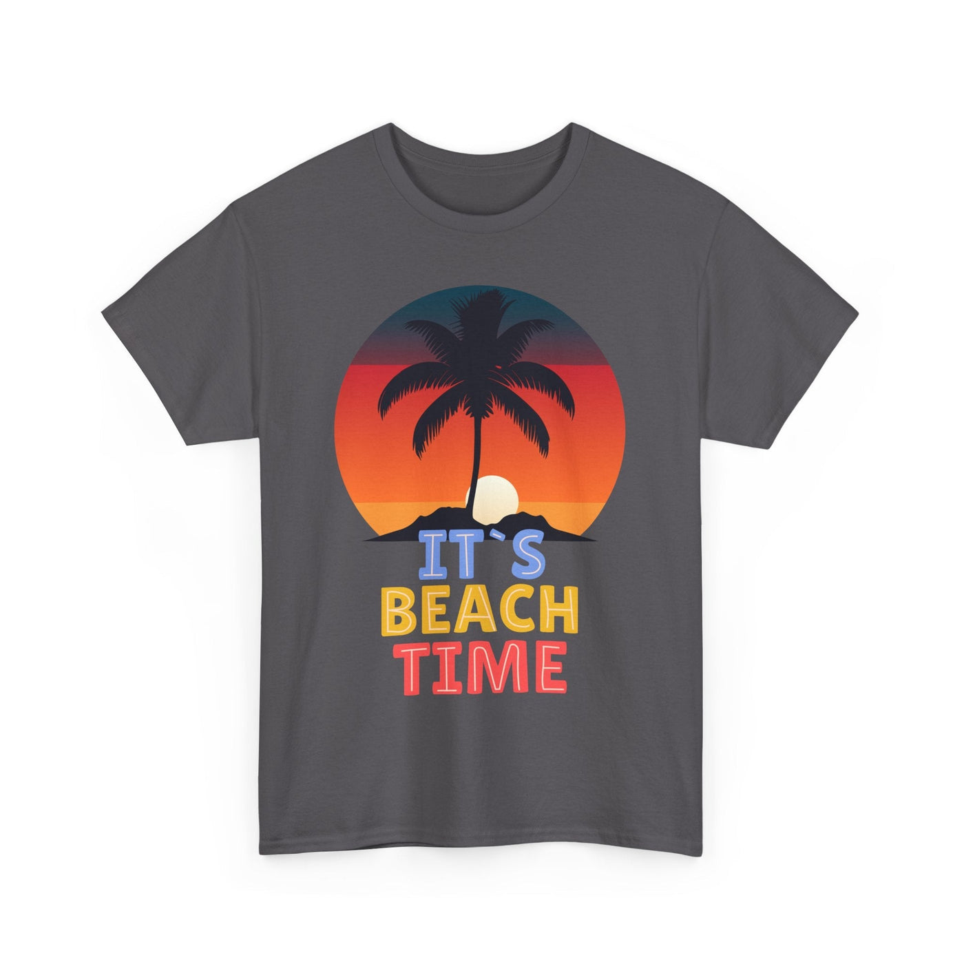 Unisex t-shirt featuring "It's Beach Time" with palm tree and sunset graphic, perfect for summer 2025 vacations.
