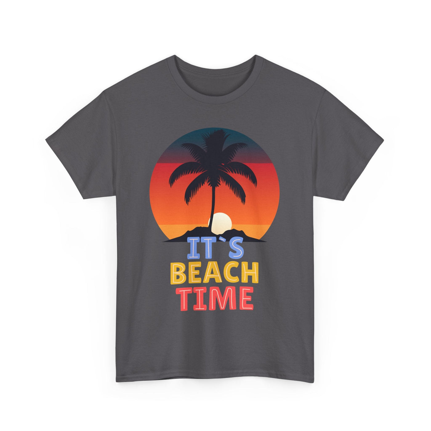 Beach Time Summer 2025 T-Shirt with palm tree and sunset graphic.