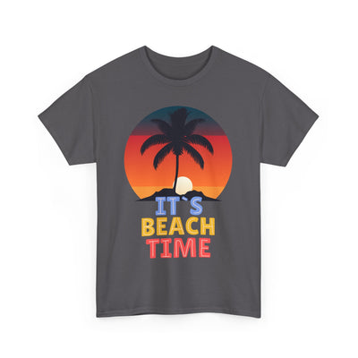 Beach Time Summer 2025 T-Shirt with palm tree and sunset graphic.