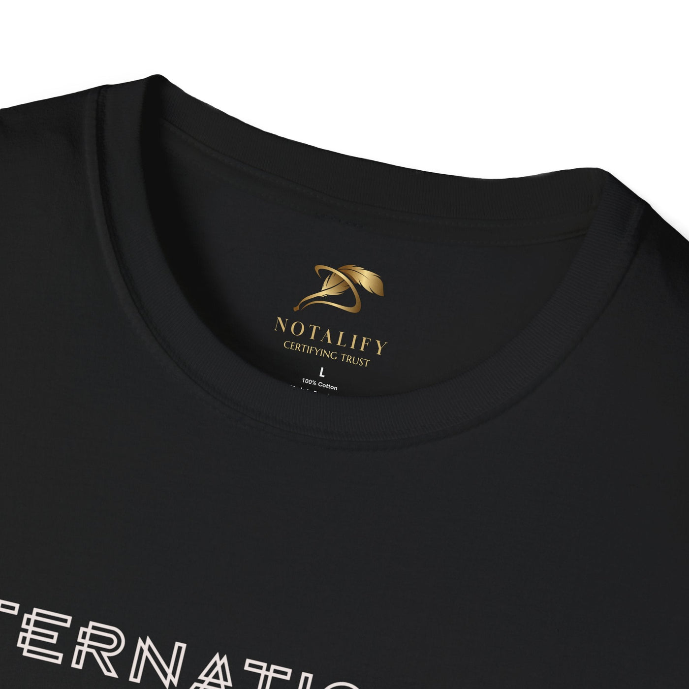 Close-up of black unisex softstyle t-shirt neckline for International Youth Day, made from 100% ring-spun cotton