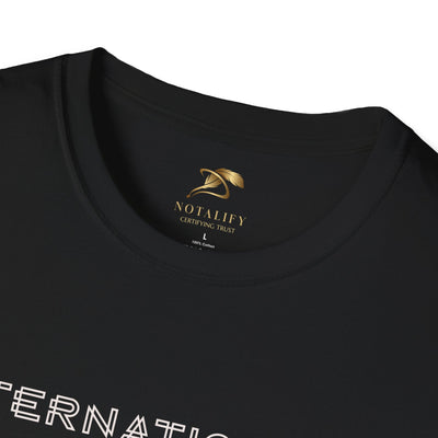 Close-up of black unisex softstyle t-shirt neckline for International Youth Day, made from 100% ring-spun cotton