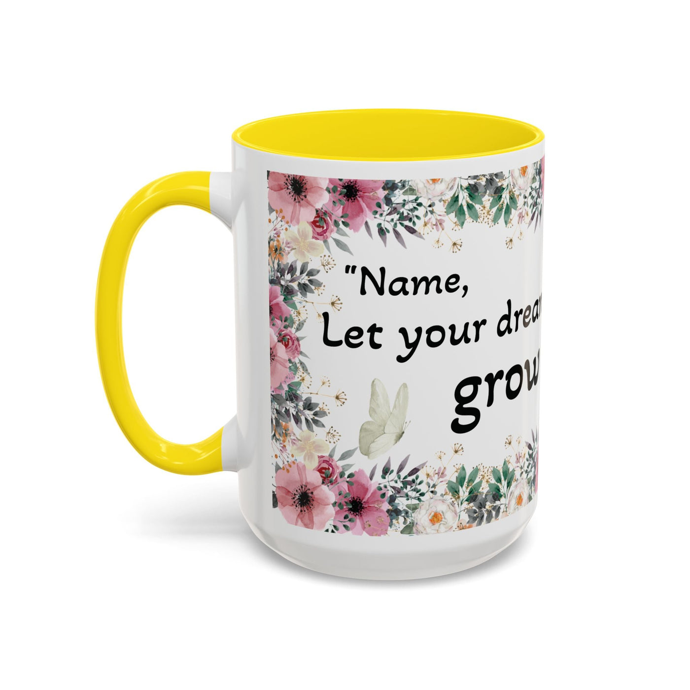 Inspirational quote gardening mug with wildflower design, yellow interior, and handle.