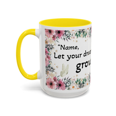 Inspirational quote gardening mug with wildflower design, yellow interior, and handle.