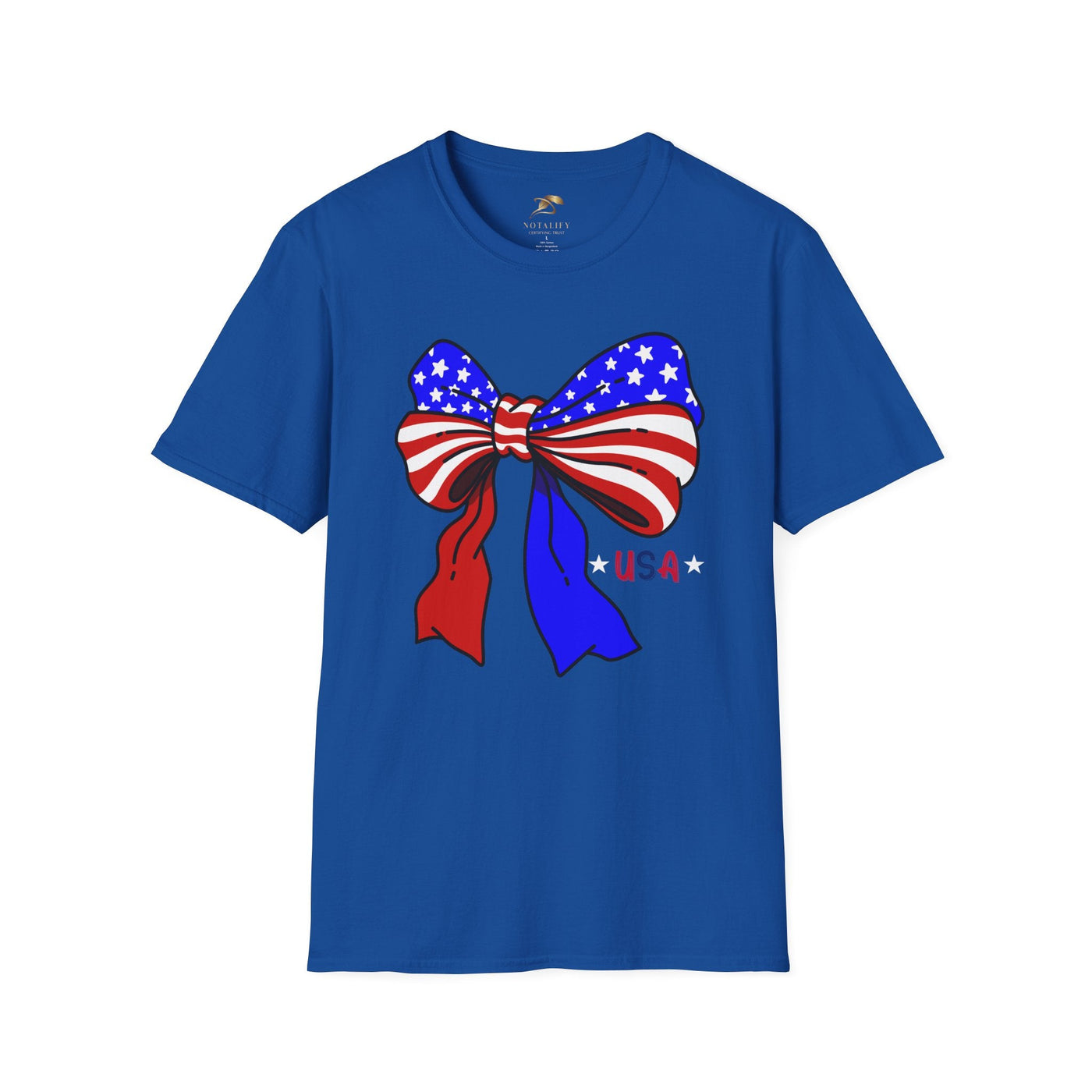 Coquette USA Patriotic T-Shirt with American flag bow design for July 4th celebrations.