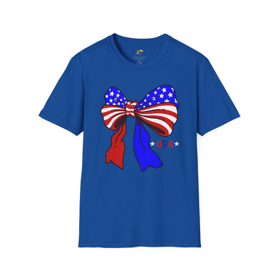 Coquette USA Patriotic T-Shirt with American flag bow design for July 4th celebrations.