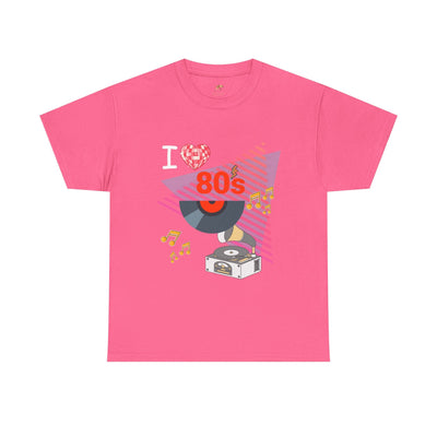 Pink 80's Music Lover T-shirt with retro vinyl record and music notes graphic, unisex cotton tee