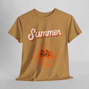 Unisex Summer 2025 Sunset T-Shirt with palm tree and ocean reflection design.
