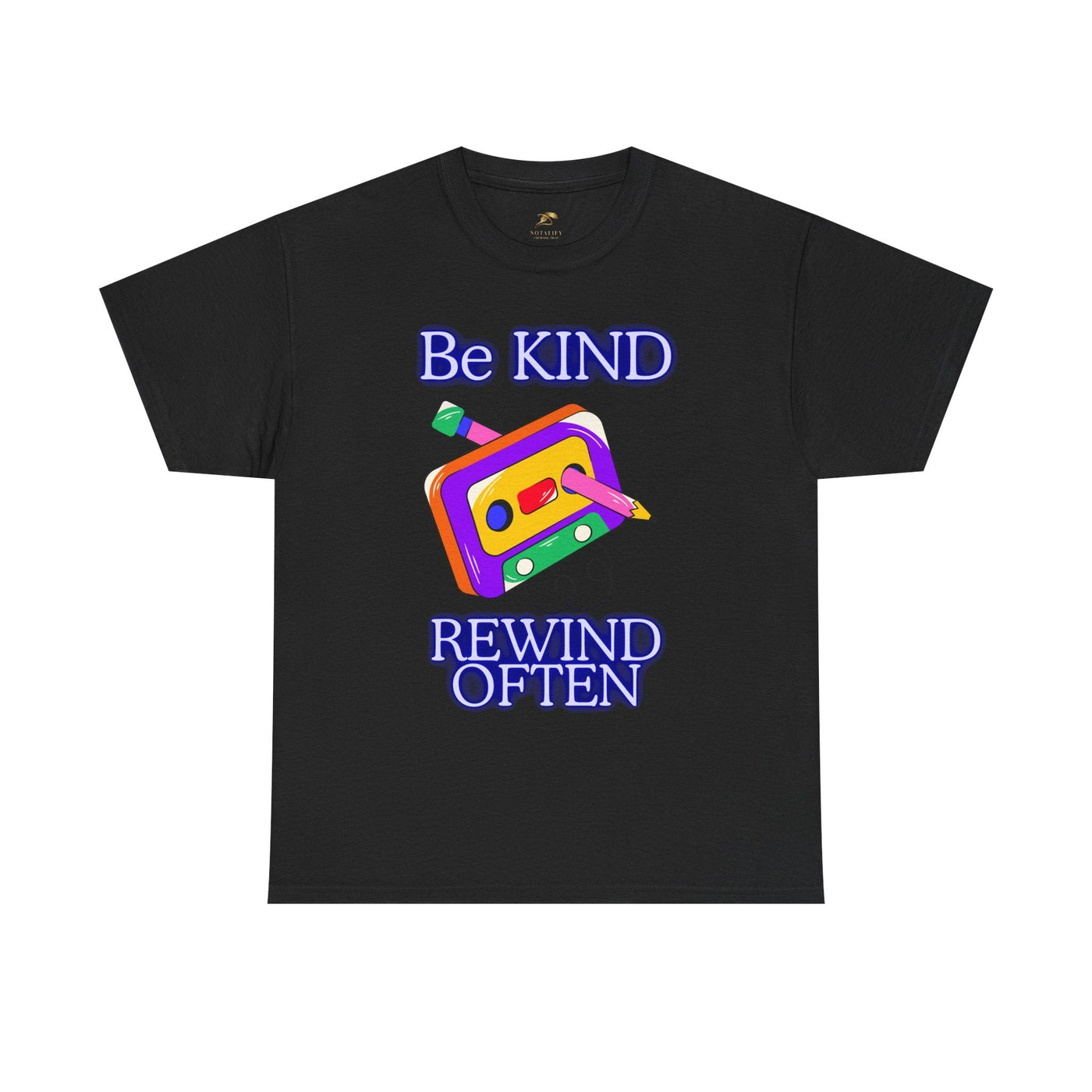 Retro vibe t-shirt with "Be Kind, Rewind Often" positive quote, featuring 90s nostalgia design and cassette graphic.