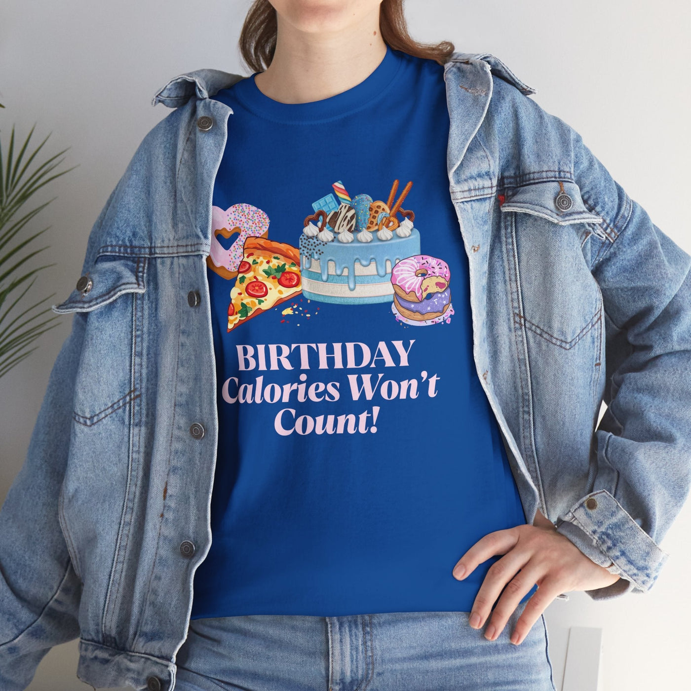 Funny "Birthday Calories Won't Count!" t-shirt with cartoon cake, pizza, donuts; perfect for foodie birthday celebrations.