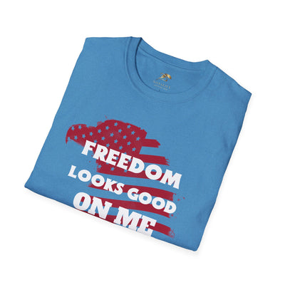 Blue Patriotic Party Tee with "Freedom Looks Good On Me" design, ideal for 4th of July celebrations.