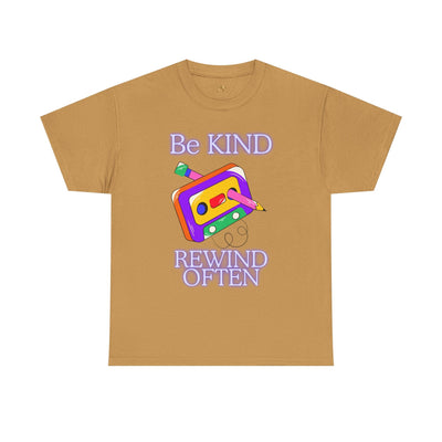Retro vibe "Be Kind, Rewind Often" unisex T-shirt with vintage cassette design.
